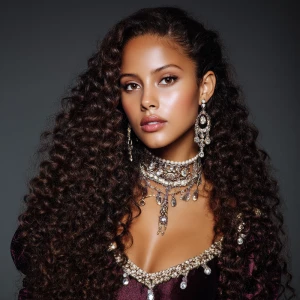 A stunning young woman with long, shiny, and curly hair dressed...