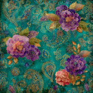 Vibrant boho paisley floral mixed-media scrapbook paper, deep em...