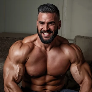 The image depicts a shirtless, bodybuilder man with a well-defin...