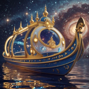 A resplendent cosmic gondola, glittering with golden accents and...