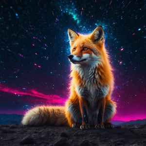 A neon-hued cosmic fox familiar dances across a starlit digital...