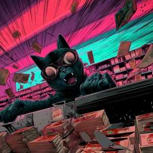 A masked humanoid cat. Hostage cat trembling behind the counter,...