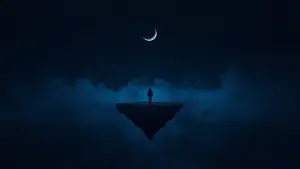 A tiny solitary figure standing on a small dark floating island...