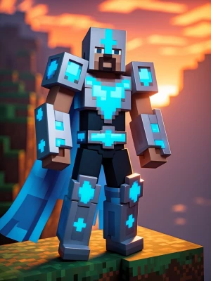 Steve in full diamond armor standing heroically on a Minecraft c...