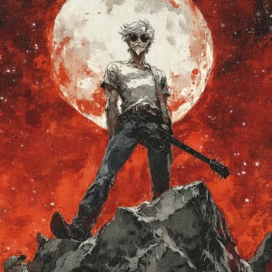 dramatic, high-contrast illustration in gritty 1990s seinen mang...