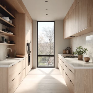 Generate an image of a Scandinavian kitchen interior featuring m...