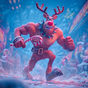 Gangster Rudolph with glowing red nose like a warning siren, spi...