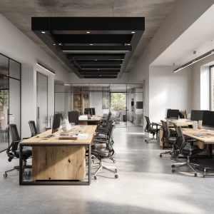 Generate an ultra-photorealistic 3D rendering of a modern office...