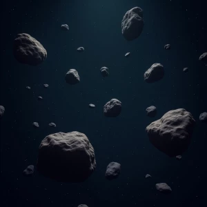 Create a realistic zoomed out view depiction of asteriods floati...