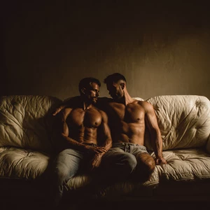 Two muscular men with well-defined physiques share a tender and...