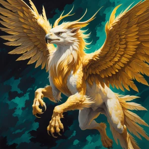 In a luminously detailed gouache painting, a majestic griffin ca...
