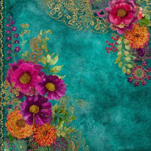 Vibrant boho paisley floral mixed-media scrapbook paper, turquoi...
