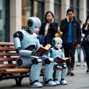 "A robot and his robot child are sitting on a bench reading a bo...