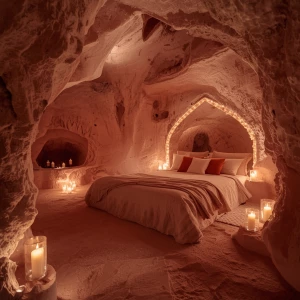 Imagine yourself in "Bedroom 5 – Pink Salt Cavern": Picture a sa...