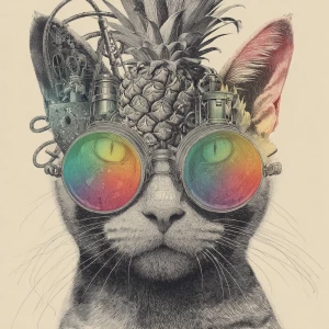 A portrait. The cat faces the viewer. A steam punk sketch of a c...