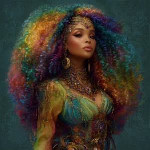 An enchanting woman with cascading curly hair in vibrant rainbow...