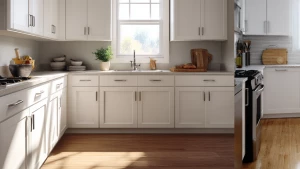 Create a realistic depiction of a contemporary kitchen featuring...