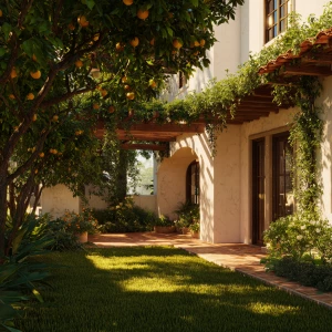 Create an image featuring a Mediterranean-inspired courtyard wit...
