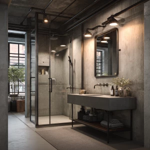 Create an image of a small industrial bathroom featuring concret...