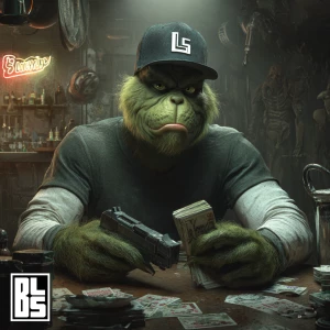 Create an image of a Grinch character with a muscular build. The...