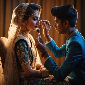 Ultra realistic wedding preparation scene, bride sitting on a ch...