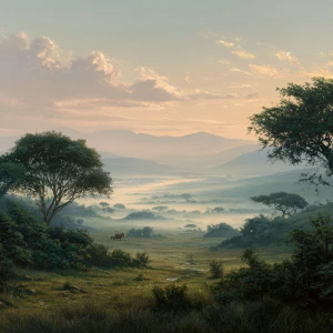 Create an expansive African vista bathed in the soft glow of mor...