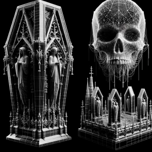 Create a 3D wireframe text logo for a band named "Glass Coffin"...