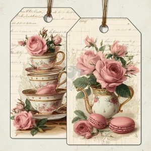 Victorian Mauve Rose Tea Tags – 2 Large Tags (Teacups, Macarons...
