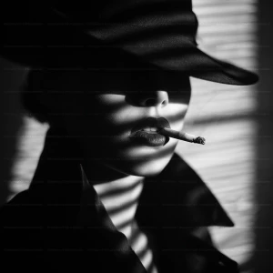 “Portrait noir of a mysterious woman, 1940s film noir style; tig...