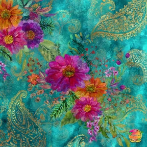 Vibrant boho paisley floral mixed-media scrapbook paper, turquoi...