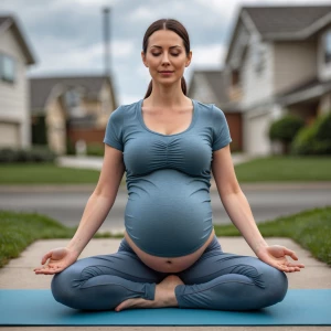 Generate an image of a casually dressed expectant mother practic...
