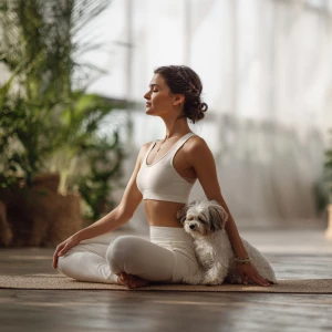 A beautiful shot of a woman in a gentle seated twist yoga pose o...