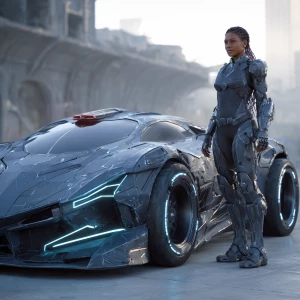 Ultra-realistic 3D render of a confident, sleek female cyberpunk...