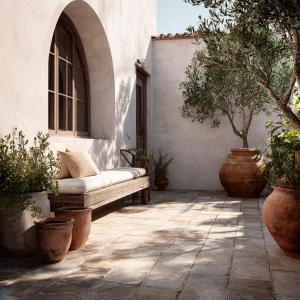 Create a serene Mediterranean terrace featuring stone flooring,...