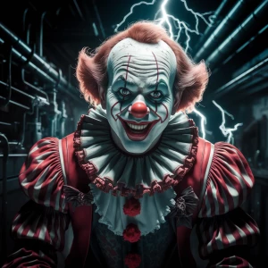 hyper detailed masterpiece photography of a clown with a hellish...