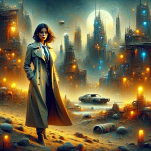 A brooding Venusian detective, surrounded by the remnants of a o...