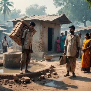 Father working as a daily laborer carrying bricks, mother washin...