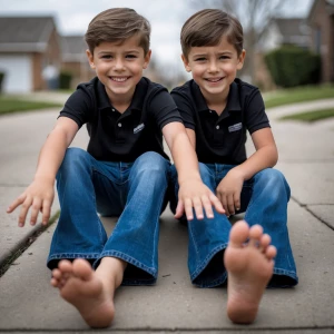 Two boys wearing black polo shirts, blue flare jeans, and barefo...