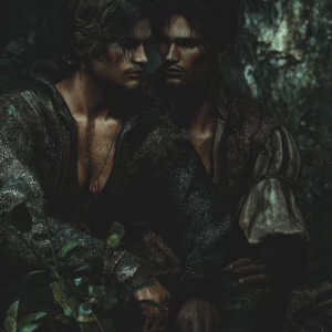 In a moonlit forest bathed in enchantment, men of strength and g...