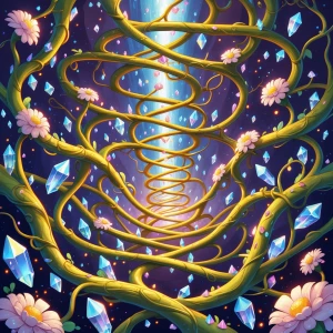 In a whimsically intricate network of intertwined vines and shim...