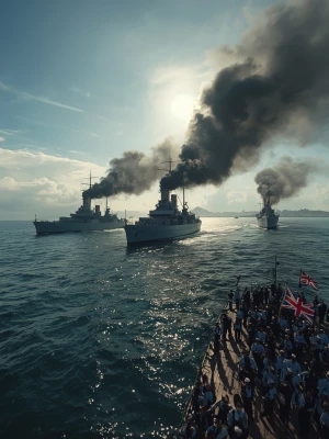 Wide cinematic shot of three British naval warships anchored off...