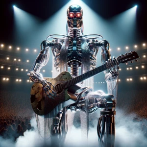 A full-body shot of a T-800 Terminator endoskeleton standing cen...
