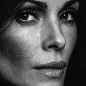 Ultra realistic big close-up portrait of Teri Hatcher, black and...