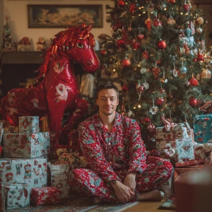 man sitting near Christmas tree looking into the camera in Chris...