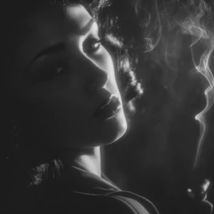 A femme fatale portrait in classic noir style, black and white,...