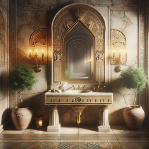 Create an evocative depiction of an opulent bathroom evoking the...