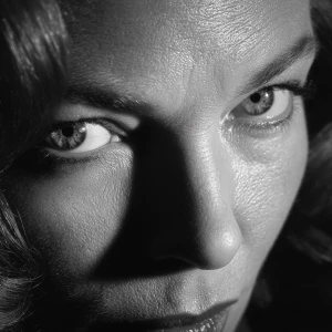 Ultra realistic big close-up portrait of Lauren Bacall, black an...