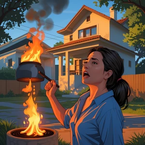 Casa pegando fogo e  uma senhora reclamando