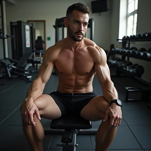 Hot guy in a gym,.shirtless, sitting,.legs apart