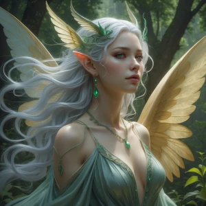 A serene and ethereal fae queen, exuding an otherworldly aura of...